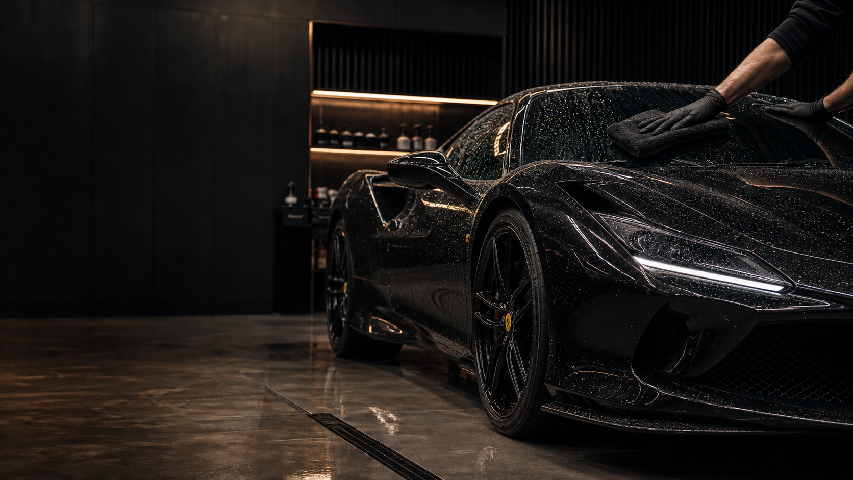 Water-beaded black Ferrari F8 Tributo being carefully hand-detailed in a premium studio